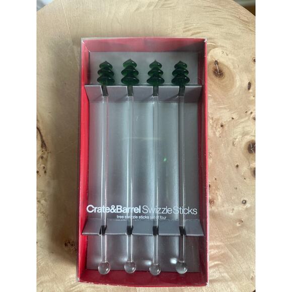 Crate & Barrel Christmas Tree Glass Swizzle Sticks Holiday Barware New Boxed - Picture 2 of 3